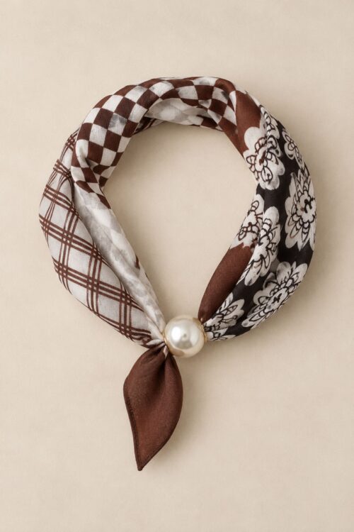 Alternative view of FOULARD FANTASIA FIORI E QUADRI CON DETTAGLIO PERLA