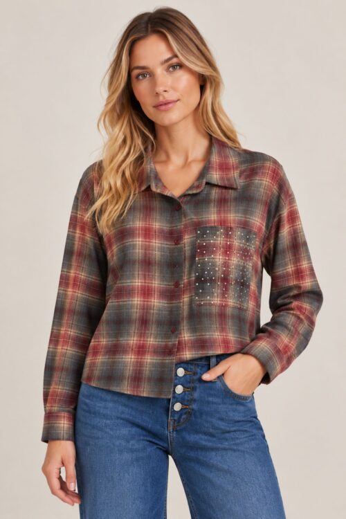 CAMICIA CORTA A QUADRI CON TASCHINO E STRASS