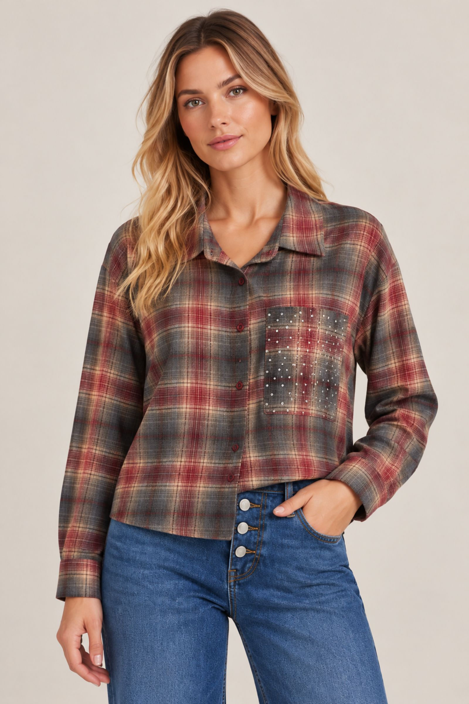 CAMICIA CORTA A QUADRI CON TASCHINO E STRASS