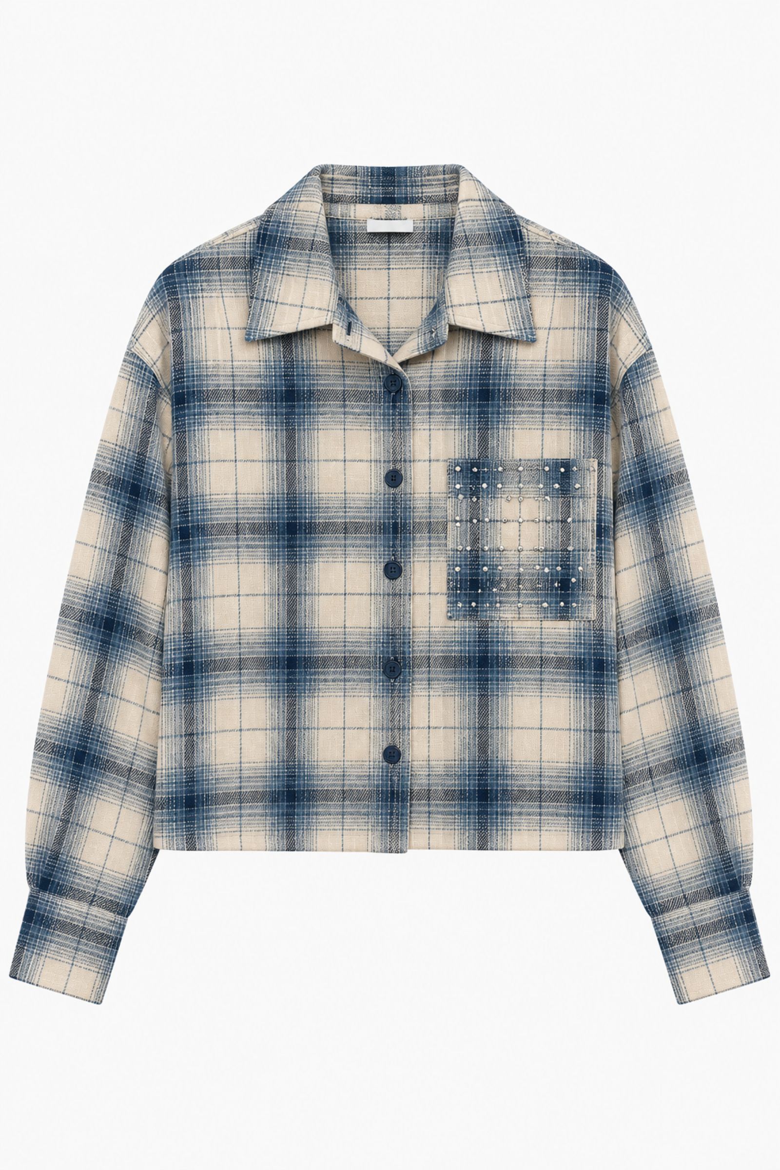 LM61324-06_BLU CAMICIA CORTA A QUADRI CON TASCHINO E STRASS - Blu, TU