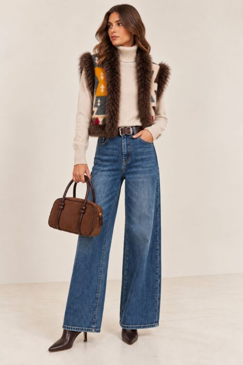 GILET IN MAGLIA FANTASIA CON BORDI EFFETTO PELLICCIA