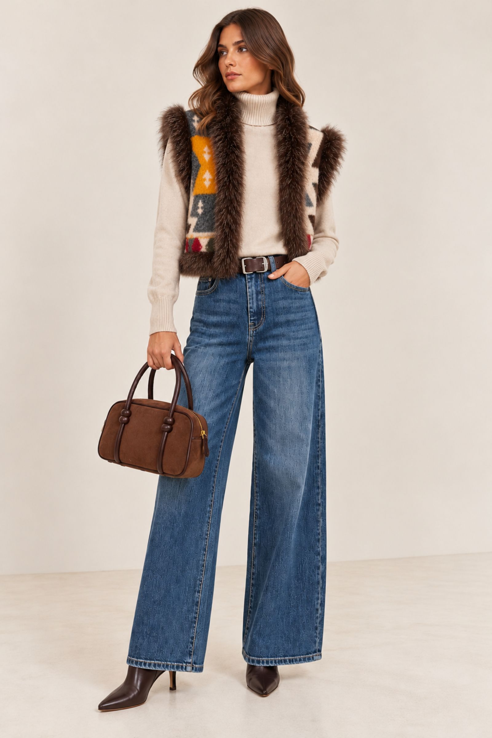 GILET IN MAGLIA FANTASIA CON BORDI EFFETTO PELLICCIA