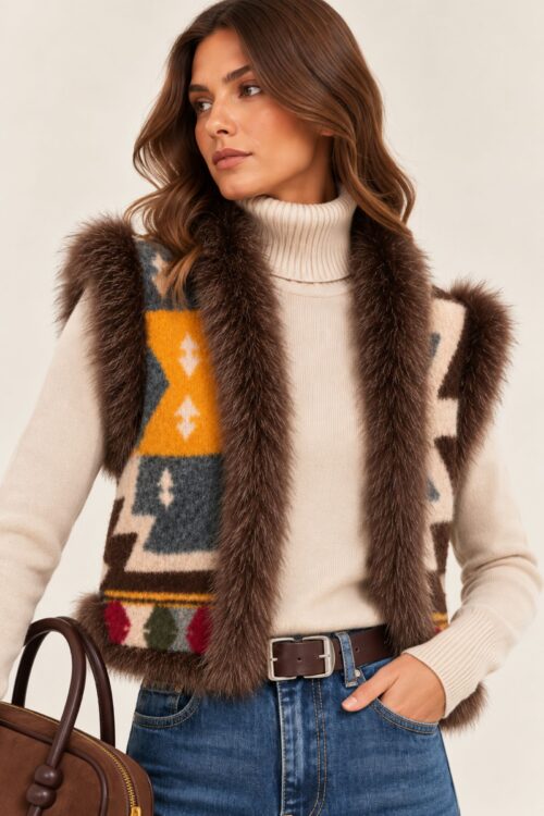 Alternative view of GILET IN MAGLIA FANTASIA CON BORDI EFFETTO PELLICCIA