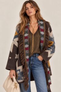 CARDIGAN APERTO CON FRANGE E FANTASIA GEOMETRICA