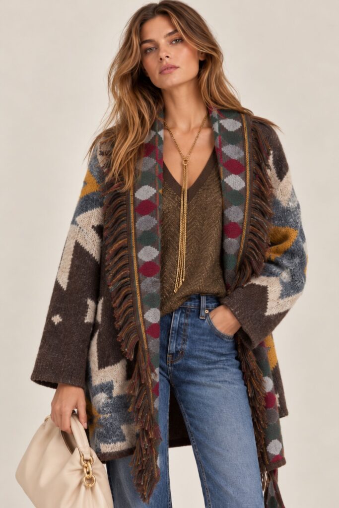 CARDIGAN APERTO CON FRANGE E FANTASIA GEOMETRICA 