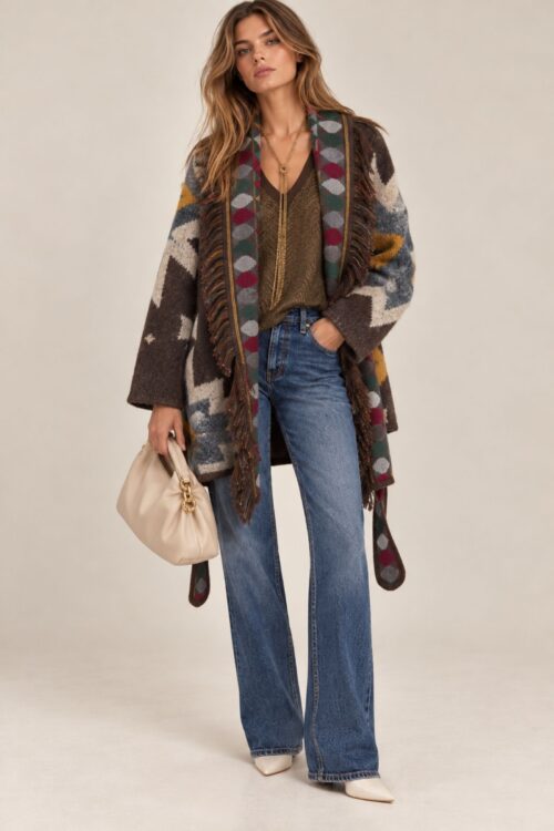 Alternative view of CARDIGAN APERTO CON FRANGE E FANTASIA GEOMETRICA