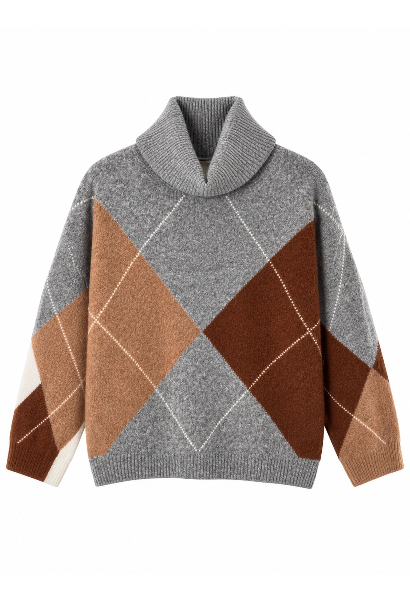 U69464-06_GRIGIO MAGLIONE OVERSIZE A ROMBI CON COLLO ALTO - Grau, TU