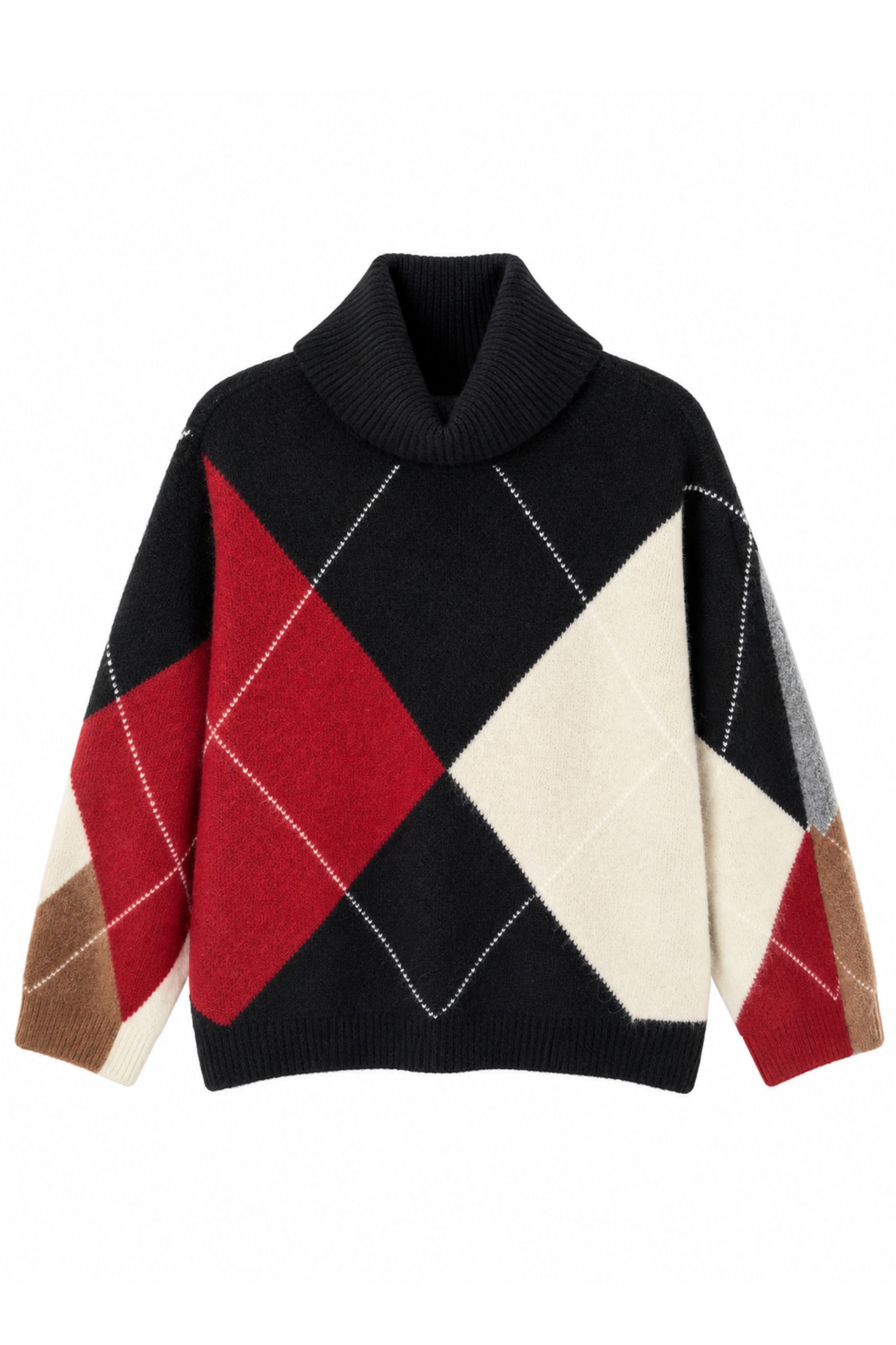 U69464-06_NERO MAGLIONE OVERSIZE A ROMBI CON COLLO ALTO - Schwarz, TU